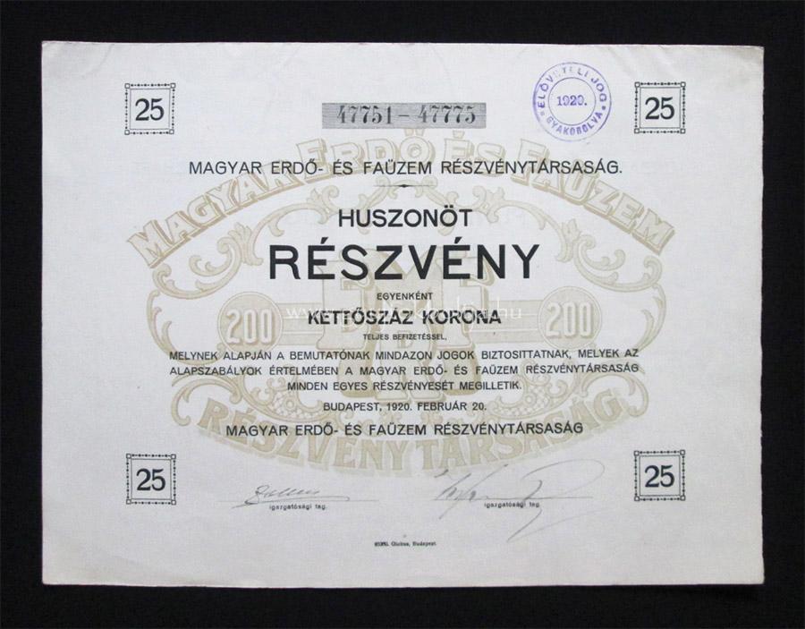Magyar Erd- s Fazem rszvny 25x200 korona 1920